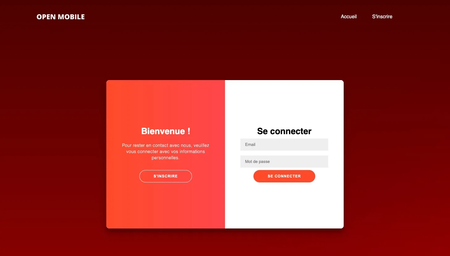 Inscription et connexion sur le même écran, avec un panneau qui coulisse de l'une à l'autre.