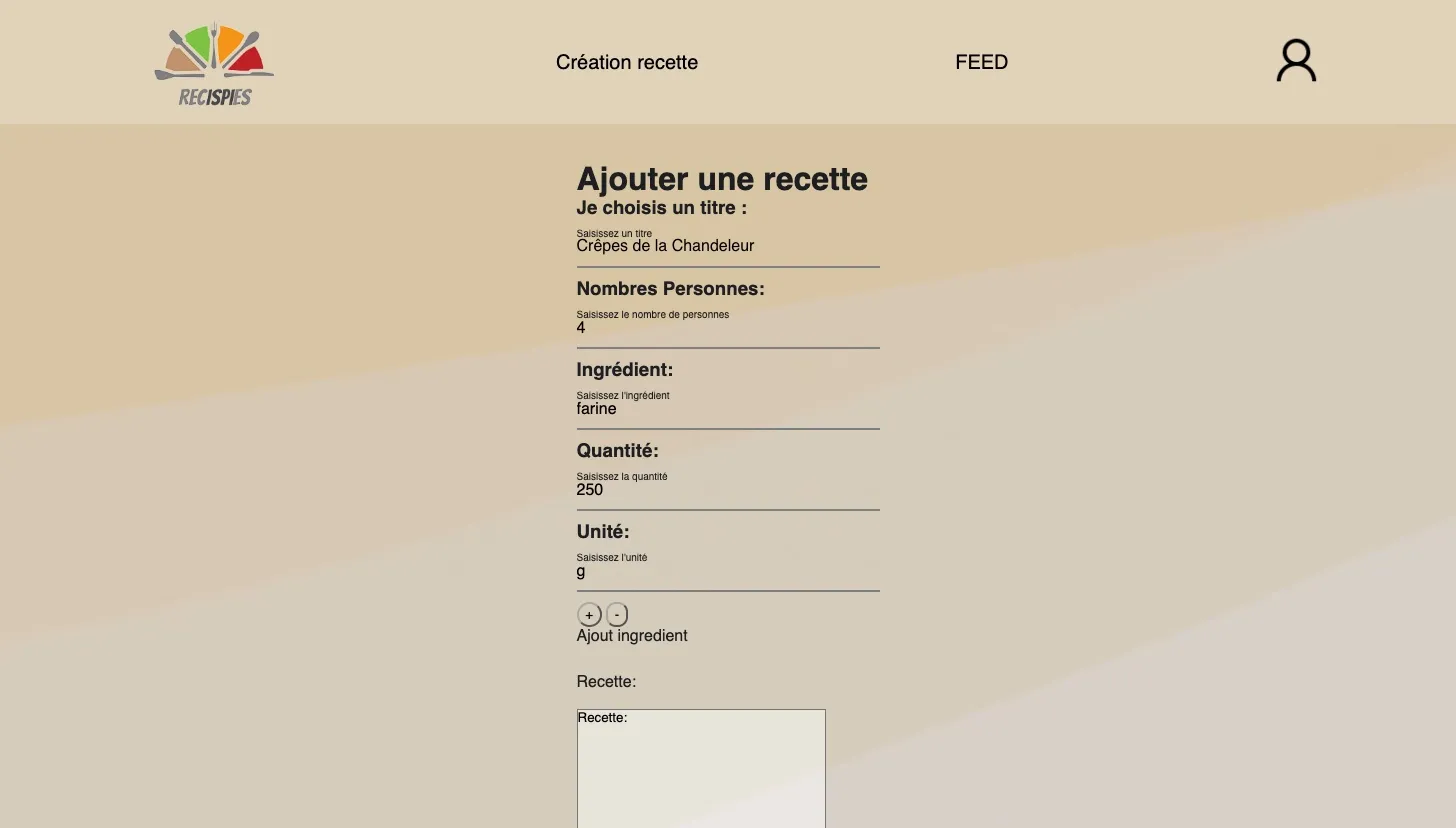 La publication d'une recette, avec autant de lignes d'ingrédients que nécessaire (ajoutées en JavaScript) et une photo.