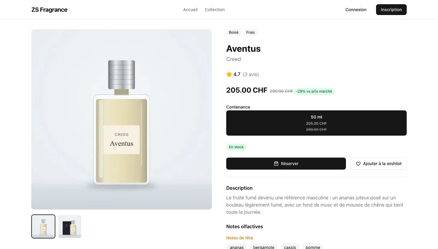 Chaque parfum a ses contenances, avec leur prix, le prix constaté ailleurs et leur stock, sa pyramide olfactive et ses accords.