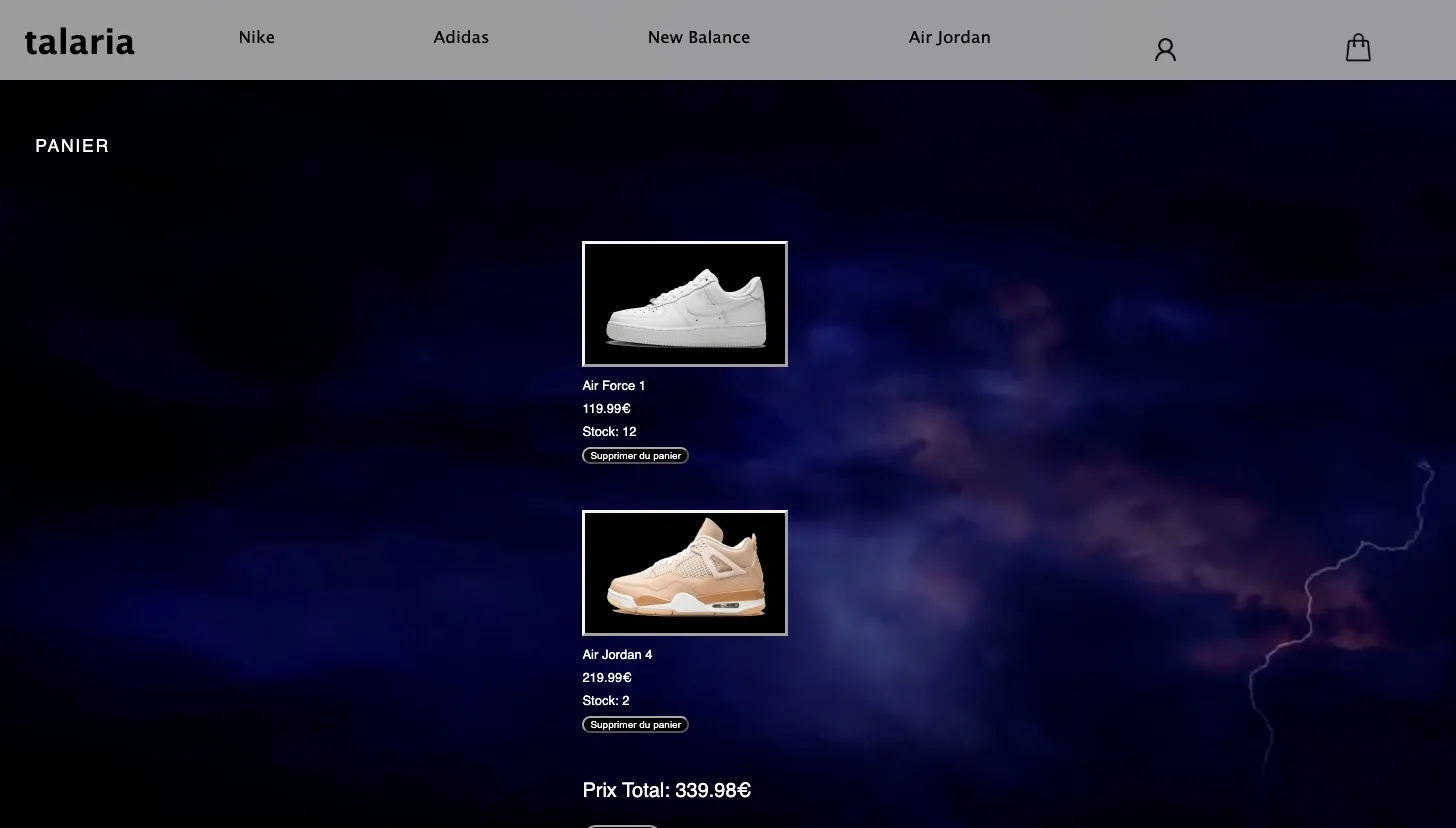 Le panier calcule le total. Le paiement vide le panier et retire les paires du stock.