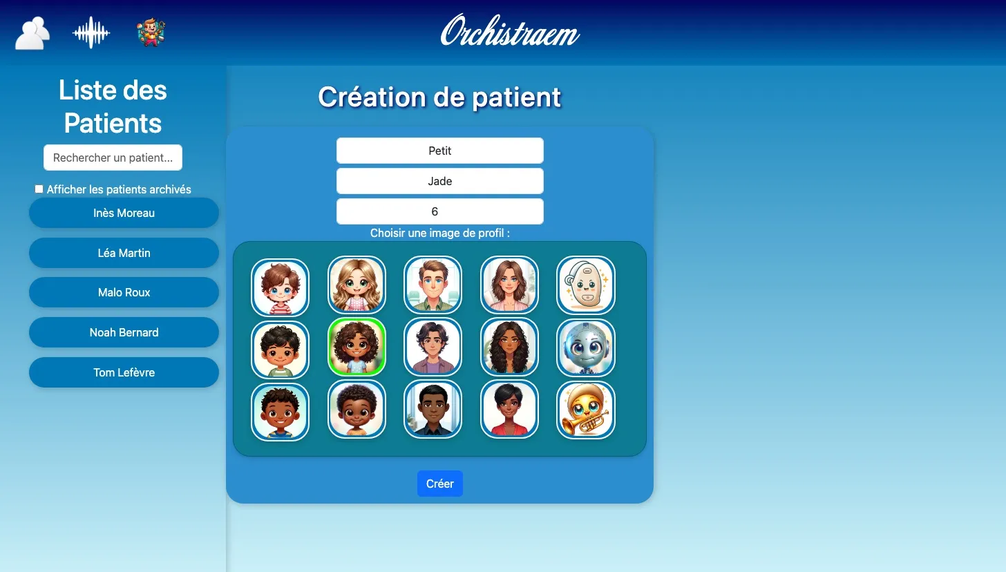 La liste des patients (recherche, patients archivés) et la création d'une fiche avec son avatar.