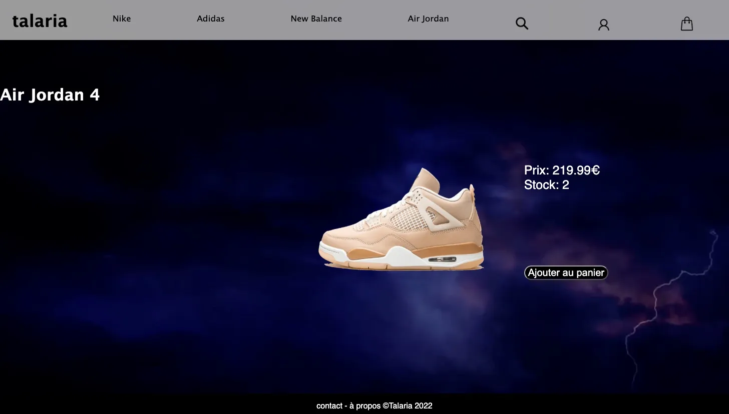 La fiche d'une paire, avec son prix, son stock et l'ajout au panier (compte client requis).