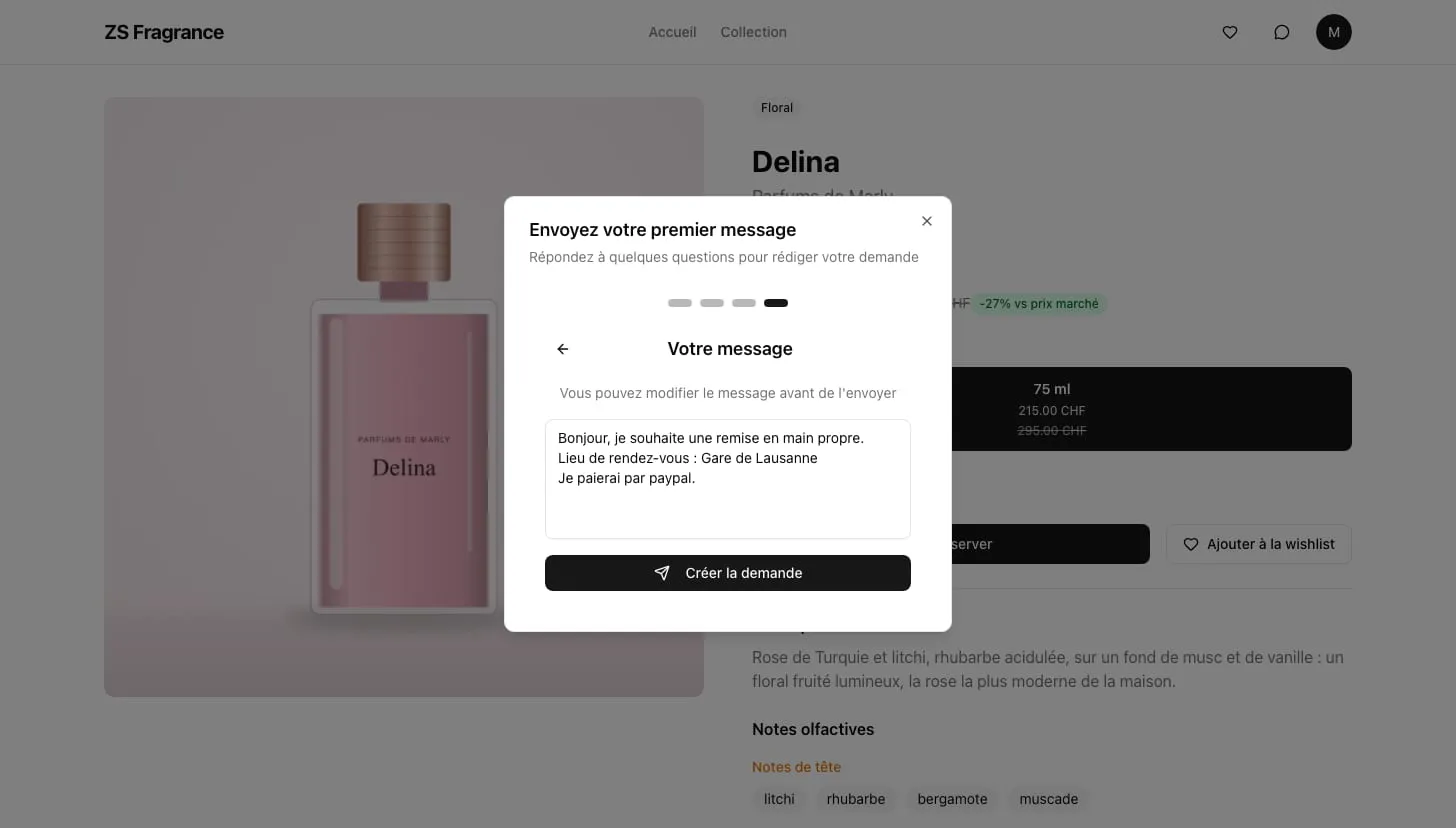 Réserver ouvre une conversation ; un court questionnaire (remise en main propre ou livraison, paiement) rédige le premier message.