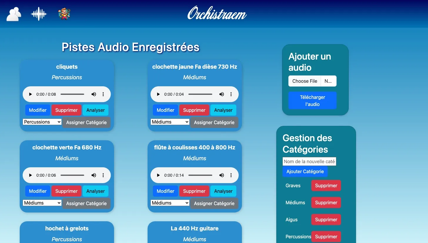 La bibliothèque de sons enregistrés pour l'orthophoniste (guitare, piano, clochettes, flûte à coulisses…), rangés par catégorie.