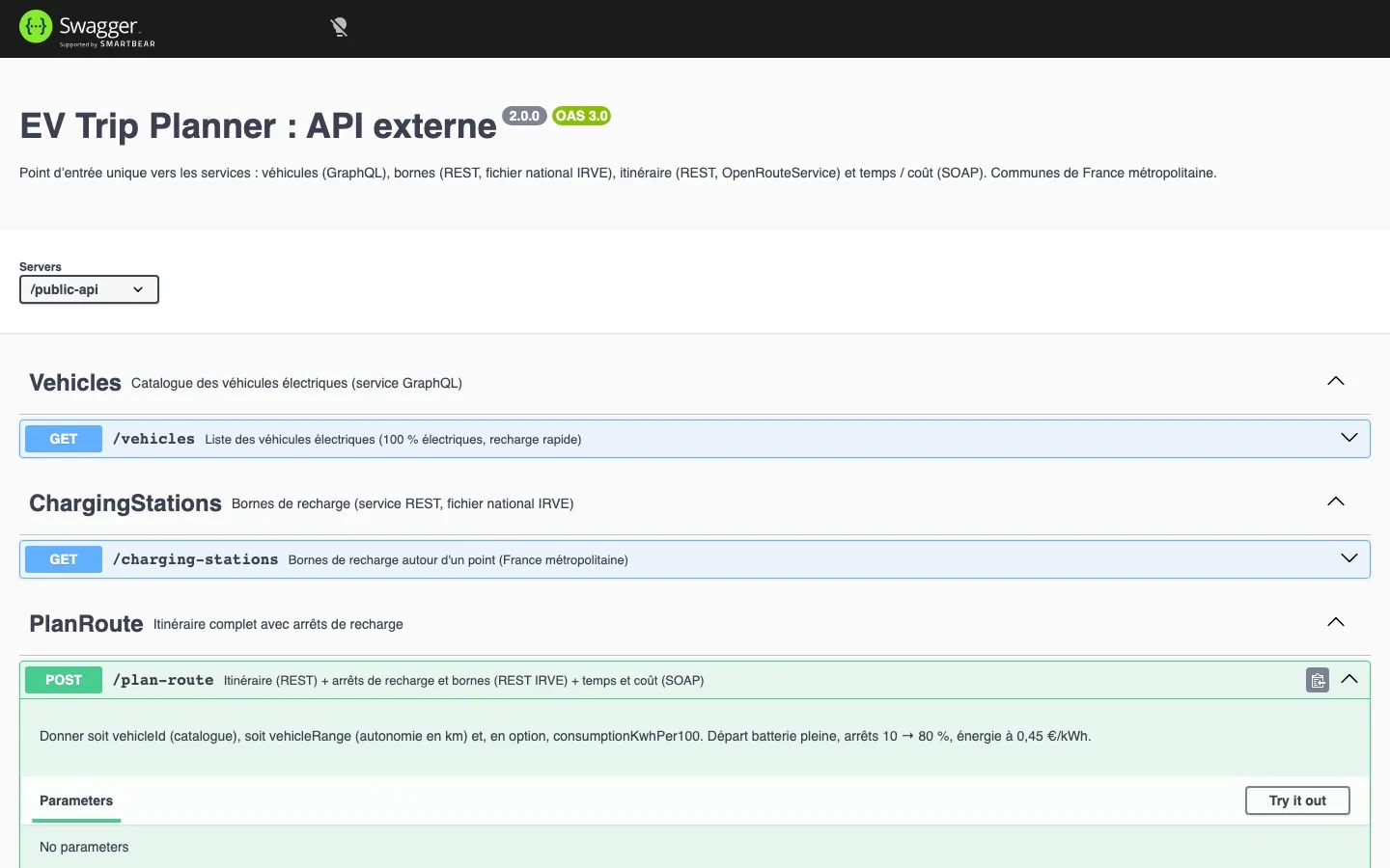 L'API publique, documentée avec Swagger, donne accès à chaque service et au calcul complet.