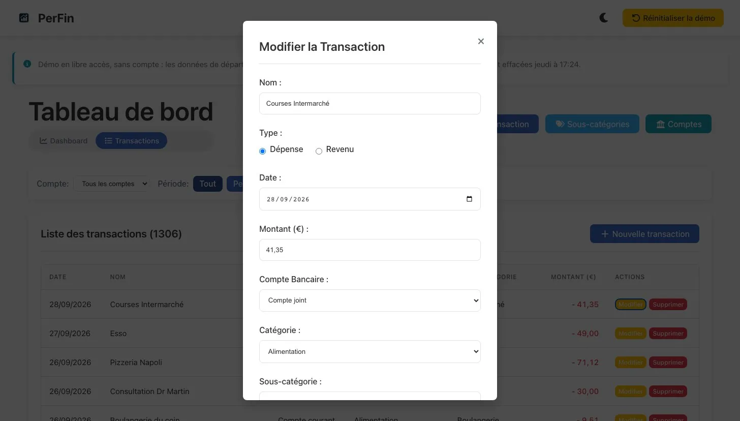 Chaque transaction se modifie ; une sous-catégorie inconnue est créée au moment de l'enregistrer.