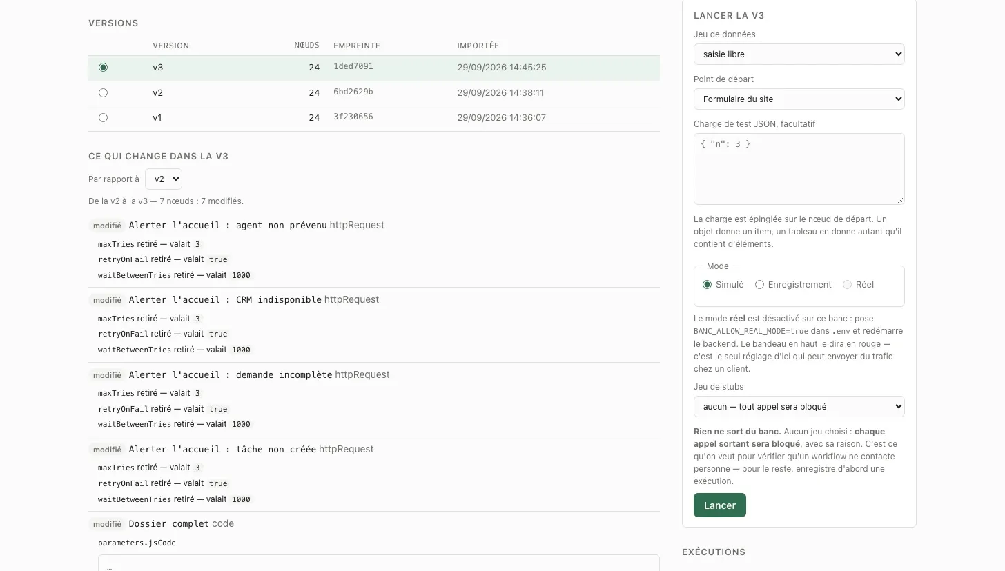 Ce qui change entre deux versions d'un workflow, jusqu'aux lignes de code modifiées, et le lancement avec son mode (simulé, enregistrement, réel encadré).